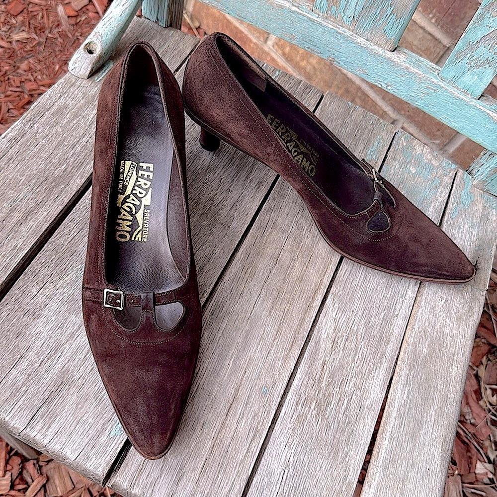 Salvatore Ferragamo Ladies 7.5 Italian Dark Brown Suede Leather Buckle Heels